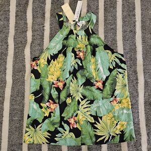 Nicole Miller Tropical Leaf Print Linen Halter Tank Top Resort Wear NWT